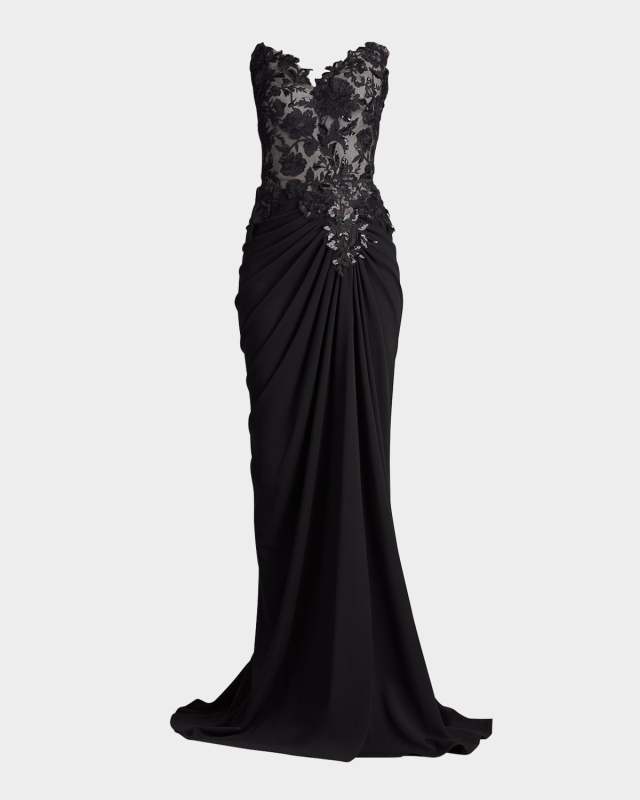 Strapless Pleated Sequin Lace Gown